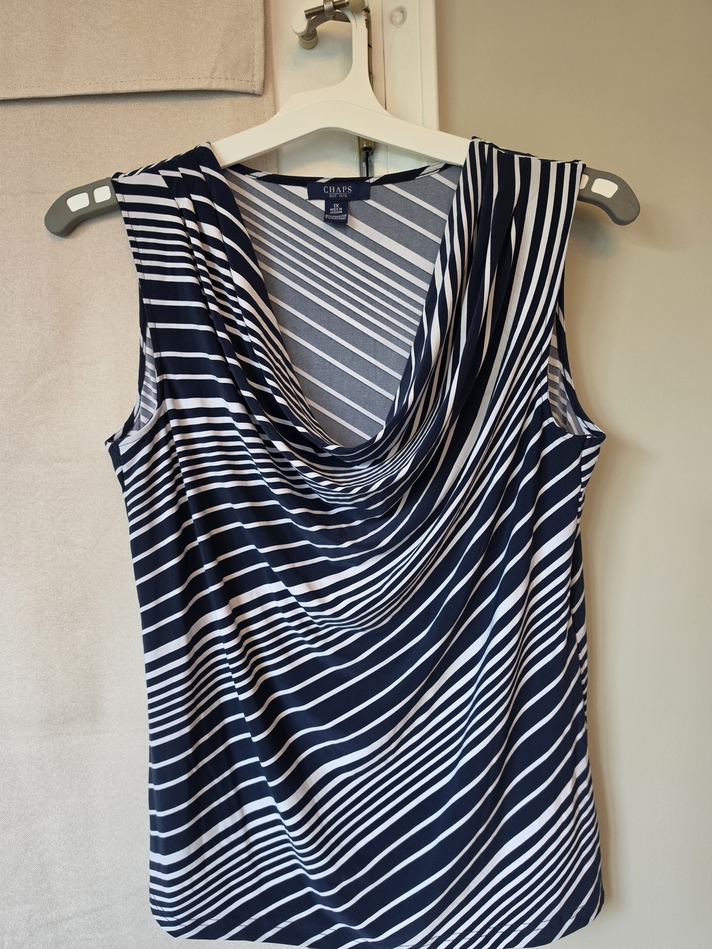Chaps Navy and White Striped Sleeveless Cowl Neck Camisole
